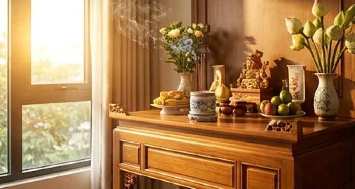 Bàn thờ gia tiên đón nắng mai rực rỡ mang ý nghĩa tụ khí Sinh Khí