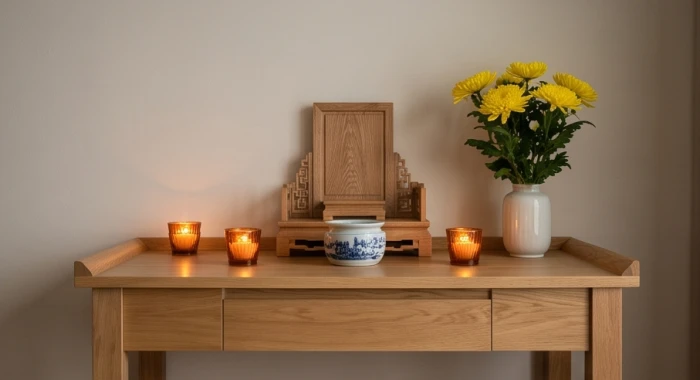Bàn thờ gỗ sồi đặt trang nhã xoay về hướng tây nam mang đến vượng khí và sức khỏe tốt lành cho nữ chủ nhà tân dậu