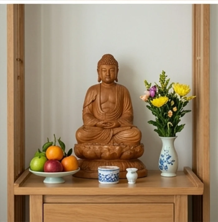 Bàn thờ Phật được đặt ở độ cao vừa tầm tay người lớn tuổi với không gian xung quanh thoáng đãng