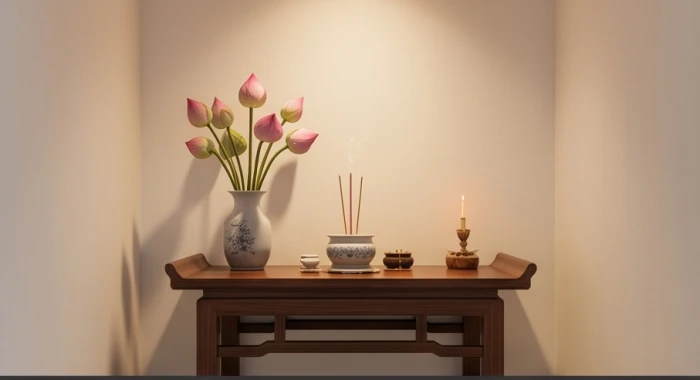 Góc thờ tự trang nghiêm với bàn thờ gỗ tự nhiên màu nâu ấm áp đặt cạnh lọ hoa sen thanh lịch