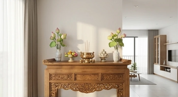 Thiết kế bàn thờ chuẩn phong thủy hướng Sinh Khí giúp gia chủ thu hút vượng khí và thăng tiến công việc hằng ngày