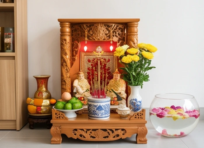 Bàn thờ Thần Tài đặt trang trọng dưới mặt đất với bát tụ thủy rắc cánh hoa bên phải