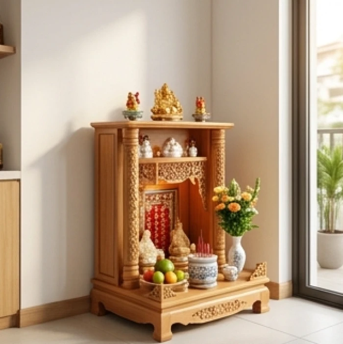 Bàn thờ Thần Tài Thổ Công được bài trí tươm tất tại góc chéo giao giữa cửa chính và không gian tĩnh