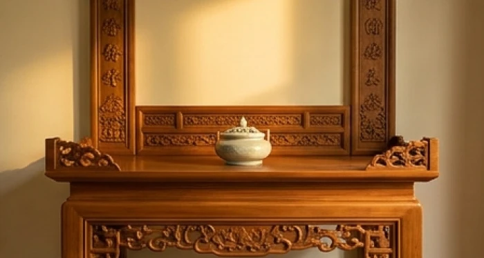 Gian thờ trang nghiêm với tủ thờ gỗ chạm khắc đặt tại cung cát tường và cách xa khu sinh hoạt chung