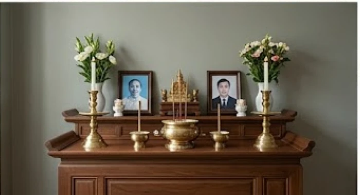 Bàn thờ gia tiên bằng gỗ trang nghiêm tựa lưng vào vách tường chắc chắn trong phòng thờ tĩnh lặng