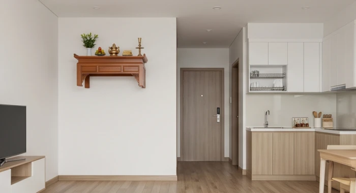 Bàn thờ treo tường trang nhã trong căn hộ nhỏ được lắp đặt cách xa khu vực bếp nấu
