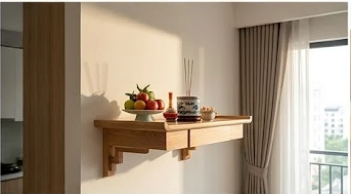 Mẫu bàn thờ treo tường nhỏ gọn được lắp đặt ở vị trí cao ráo đón vượng khí dành cho không gian hẹp