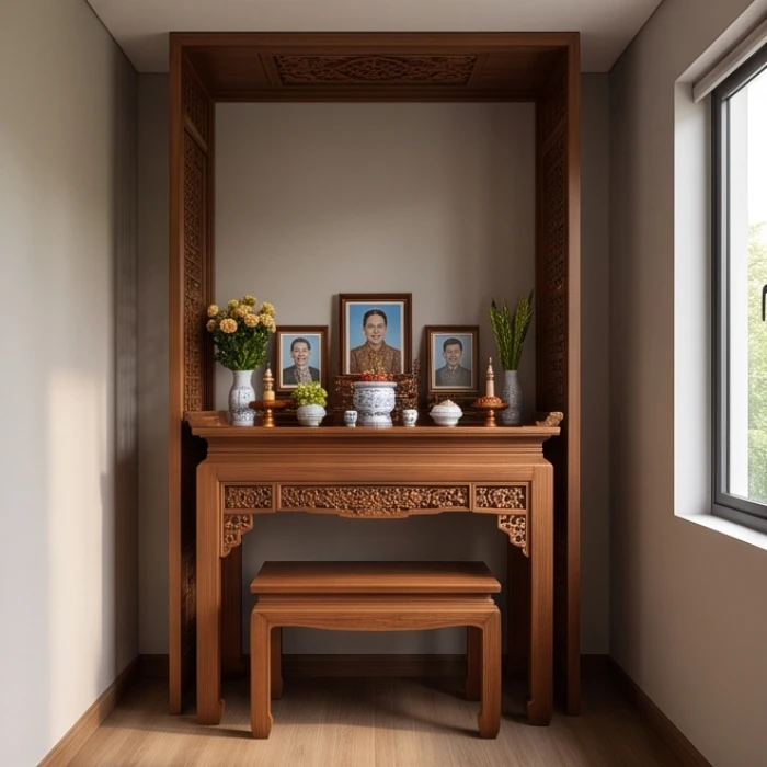 Không gian thờ cúng trang nghiêm với bàn thờ gỗ tựa lưng sát vào bức tường gạch kiên cố