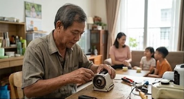 Người cha tuổi Bính Ngọ tự tay sửa chữa đồ đạc trong nhà để thể hiện sự quan tâm thầm lặng đến con cái
