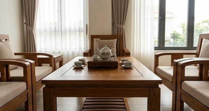 Không gian bàn trà phòng khách thoáng đãng được sắp xếp hài hòa âm dương dành cho người lớn tuổi