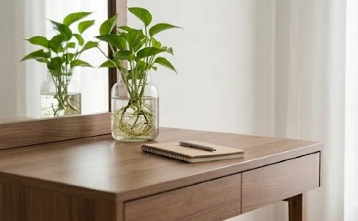 Góc làm việc cá nhân thanh lịch được bố trí chậu cây thủy sinh nhỏ xinh xắn