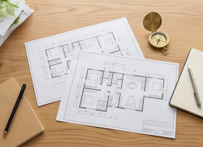 Bản vẽ thiết kế mặt bằng kiến trúc được đặt cẩn thận trên bàn gỗ cùng các dụng cụ tính toán cơ bản