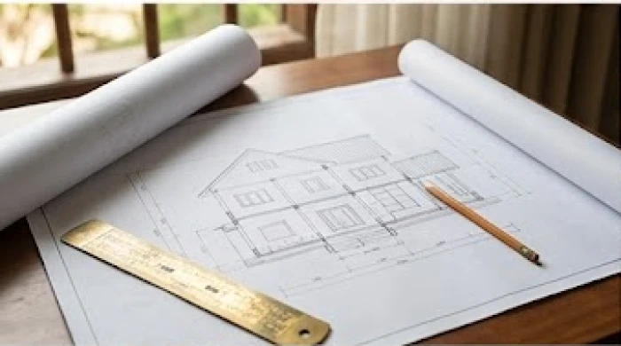 Bản vẽ kiến trúc ngôi nhà được trải rộng trên mặt bàn cùng thước lỗ ban dùng trong việc chọn hướng và kích thước đẹp
