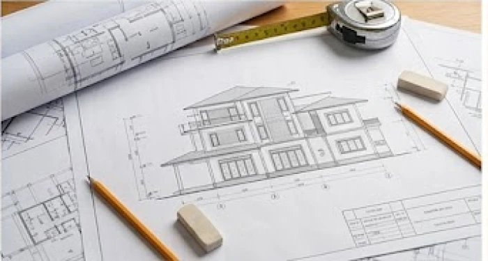 Bản vẽ kỹ thuật chi tiết của ngôi nhà được trải rộng trên mặt bàn chuẩn bị cho quá trình thi công
