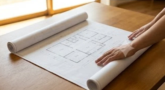 Kiến trúc sư đang trải bản vẽ thiết kế thi công trên bàn làm việc để chuẩn bị khởi công