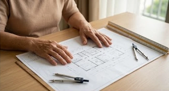 Gia chủ xem xét cẩn thận bản vẽ thiết kế xây dựng ngôi nhà mới trên bàn làm việc