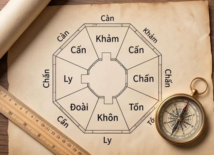 Bản vẽ mặt bằng phân chia phương vị bát trạch riêng biệt cho nam mạng và nữ mạng trong ngôi nhà