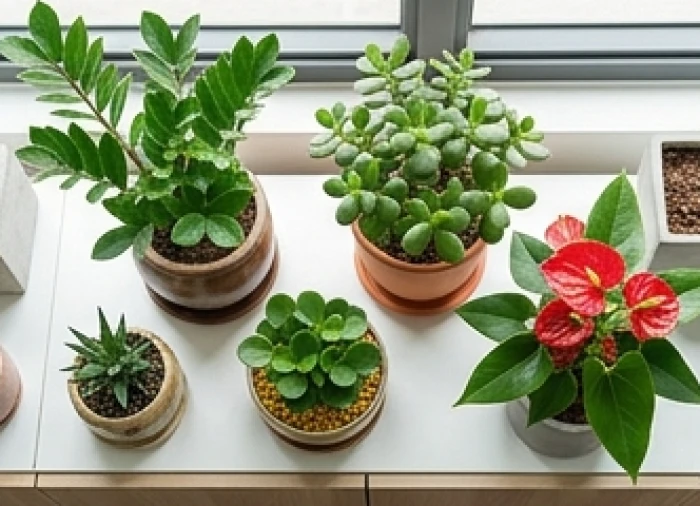 Các chậu cây kim tiền ngọc bích và hồng môn xanh tốt đại diện cho cây để bàn hợp tuổi dậu theo ngũ hành