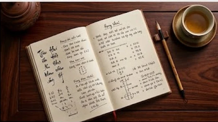Cuốn sổ ghi chép điểm số tương hợp can chi ngũ hành của vợ chồng được đặt cạnh tách trà trên bàn
