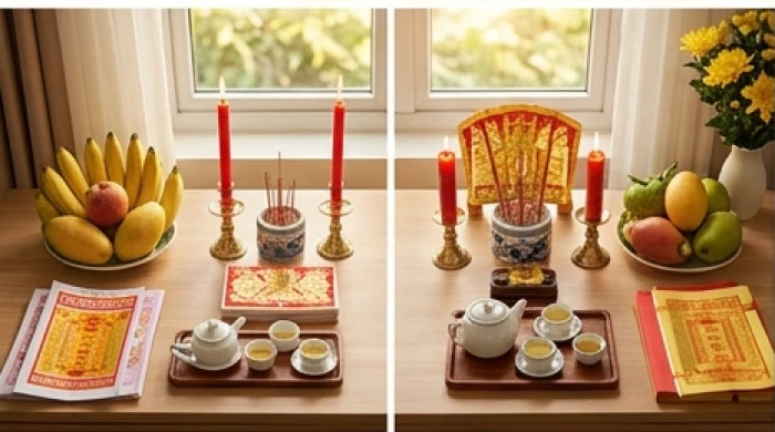 Mâm cúng giải hạn với hai cách xếp nến 12 ngọn cho nam mạng và 8 ngọn cho nữ mạng đặt trên bàn gỗ thanh tịnh