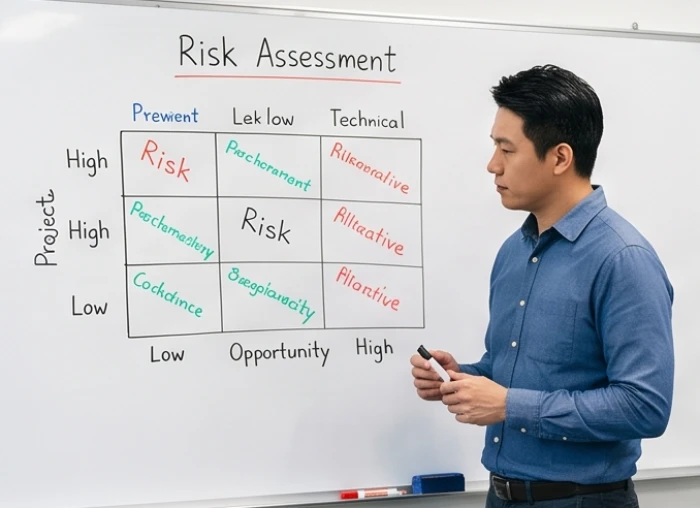 Quản lý dự án xem xét kỹ lưỡng sơ đồ rủi ro được vẽ chi tiết trên bảng trắng trong phòng họp