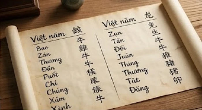 Danh sách so sánh thứ tự và tên gọi của mười hai linh vật trong văn hóa dân gian Việt Nam và Trung Quốc