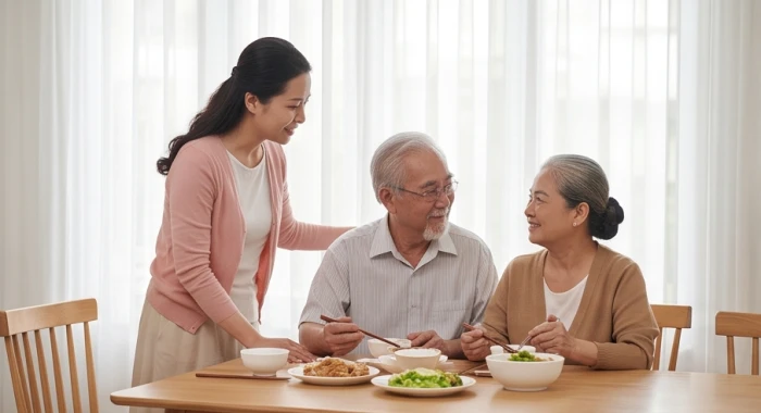 Gia đình hai thế hệ trò chuyện hòa thuận bên bàn trà nhờ chọn đúng con cháu thuộc nhóm Tam hợp Thân Tý