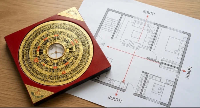 Mô hình la bàn Bát Trạch định vị hướng cát Sinh Khí và Thiên Y trong không gian nhà ở tuổi Bính Tuất