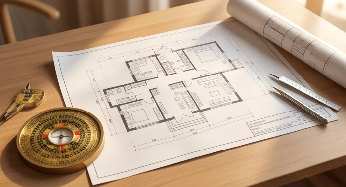 Bản vẽ mặt bằng nhà ở đặt cạnh la bàn bát trạch phân định hướng cát hung cho gia chủ Bính Tuất
