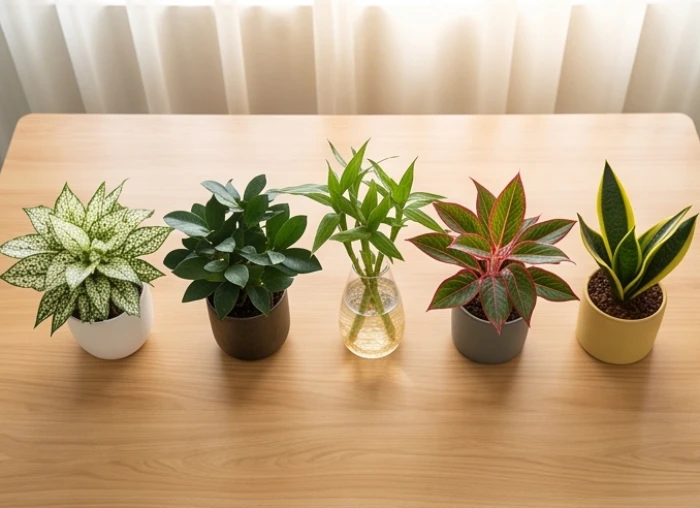 Bộ sưu tập năm chậu cây mini với màu sắc lá đa dạng đại diện cho ngũ hành Kim Mộc Thủy Hỏa Thổ của tuổi Dậu