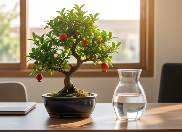 Cây lựu bonsai xanh tốt đặt cạnh bình nước thủy tinh trong phòng khách minh họa hành thủy sinh nạp âm thạch lựu mộc