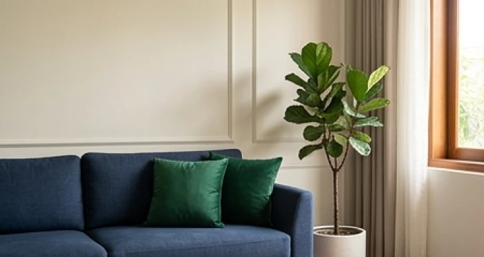 Góc phòng khách phối màu phong thủy gồm sofa xanh nước biển và gối tựa xanh lá cây hỗ trợ vượng khí