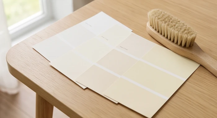 Bảng mẫu màu sơn tường với các sắc độ trắng sứ trắng ngà và vàng kem chuẩn phong thủy cho gia chủ tuổi Quý Mão