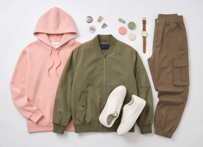 Các set trang phục áo hoodie hồng pastel, bomber xanh rêu và phụ kiện earth tone cho tuổi Kỷ Sửu