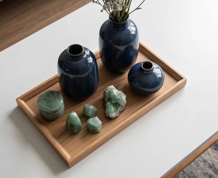 Bộ sưu tập vật phẩm phong thủy tông xanh dương và xanh ngọc bích tương sinh cho mệnh Mộc tuổi Canh Dần