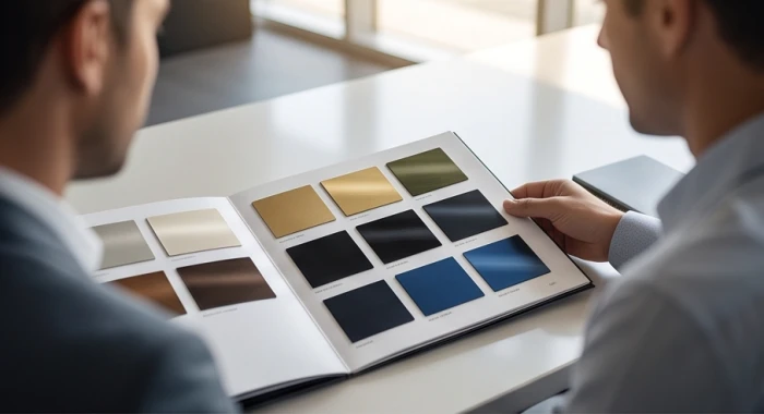 Người mua ô tô đang tham khảo catalog bảng màu xe sơn ngoại thất với các tông màu vàng, đen và xanh nước biển