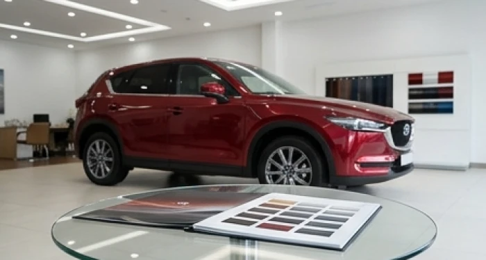 Chủ xe đang tham khảo bảng tra cứu ngũ hành Sinh Mệnh bên cạnh mẫu ô tô sang trọng màu đỏ đô