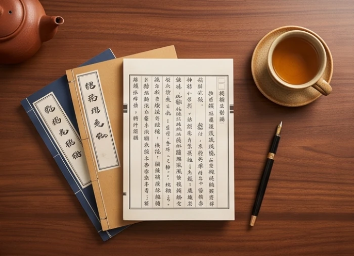 Sổ tử vi truyền thống mở trên bàn gỗ cùng trà và bút mực ghi chép các sao chiếu mệnh cho tử vi tuổi hợi năm 2026