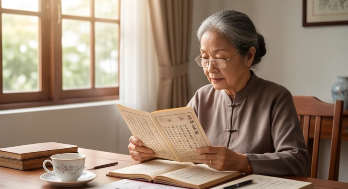Người lớn tuổi xem xét sổ sách cẩn trọng khi tra cứu sao chiếu mệnh và vận hạn từng năm