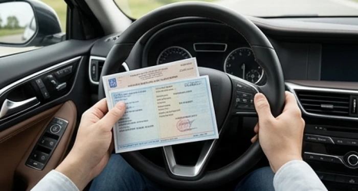 Người lái xe tuổi Mão kiểm tra thông số và giấy tờ xe trên vô lăng ô tô bọc da cao cấp