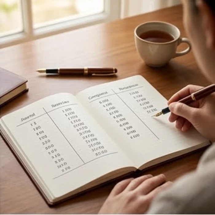 Sổ ghi chép đối chiếu bộ số cát tường theo ngũ hành cho năm sinh tuổi Thìn đặt trên bàn trà gỗ