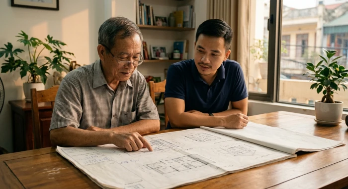 Hai thế hệ trong gia đình đang thảo luận hồ sơ thi công với sự góp mặt của người được mượn tuổi làm lễ