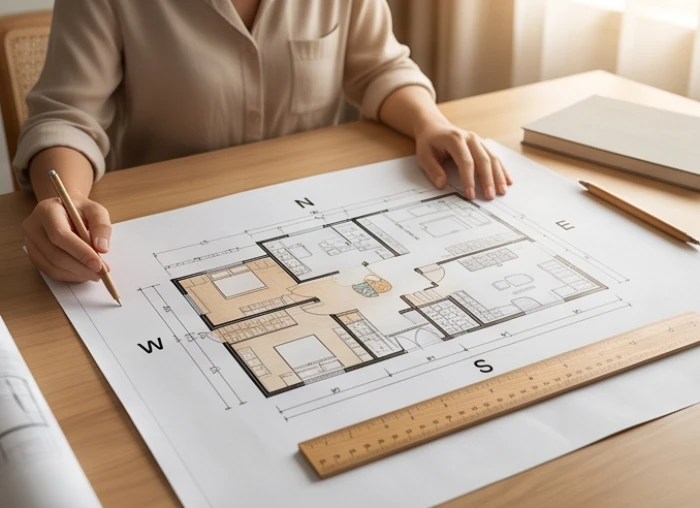 Bản vẽ thiết kế mặt bằng phân bố các phương vị cát hung hợp tuổi Dần trong ngôi nhà hiện đại