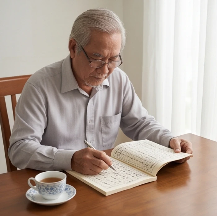 Người lớn tuổi cẩn trọng tra cứu sổ sách tử vi và niên hạn Cửu Diệu năm Đinh Mùi bên bàn trà phòng khách trang nhã