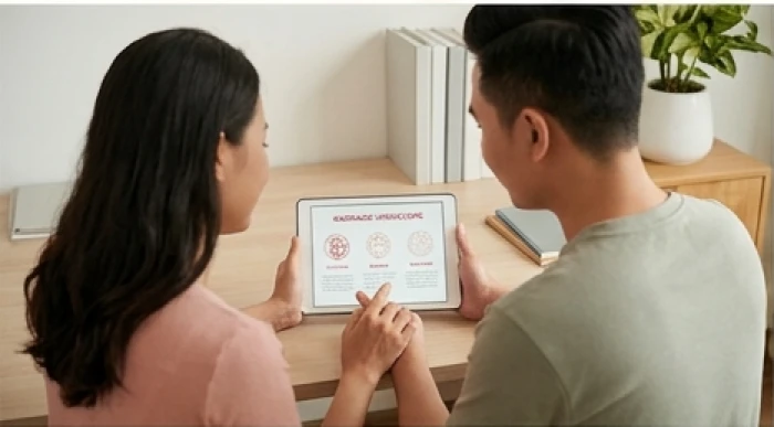 Đôi vợ chồng trẻ cùng tra cứu thông tin tuổi hợp trên máy tính bảng trong phòng làm việc tại nhà