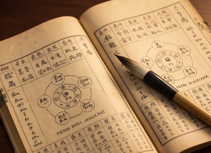 Cuốn lịch vạn sự mở ra ở trang tính toán ngũ hành đặt cạnh cây bút lông