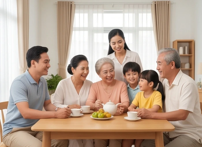 Gia đình nhiều thế hệ quây quần vui vẻ tượng trưng cho bình an khi gặp sao Mộc Đức
