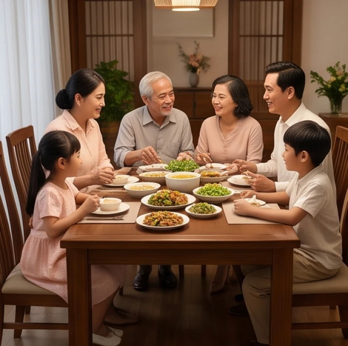 Gia đình ba thế hệ quây quần vui vẻ bên mâm cơm ấm cúng minh họa sự hòa hợp tuổi tác cho nữ và nam 1945