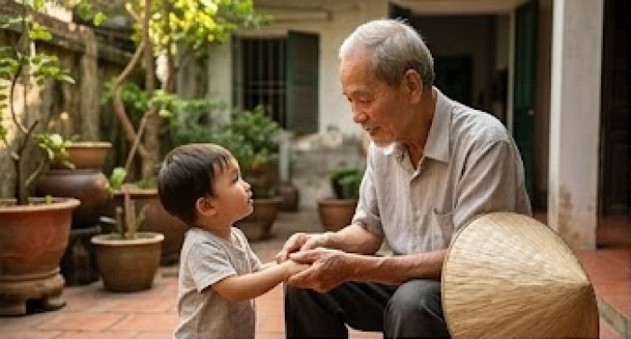 Người lớn tuổi ân cần chăm sóc cháu nhỏ trong sân nhà, thể hiện sự tận tụy của người sinh năm 1946
