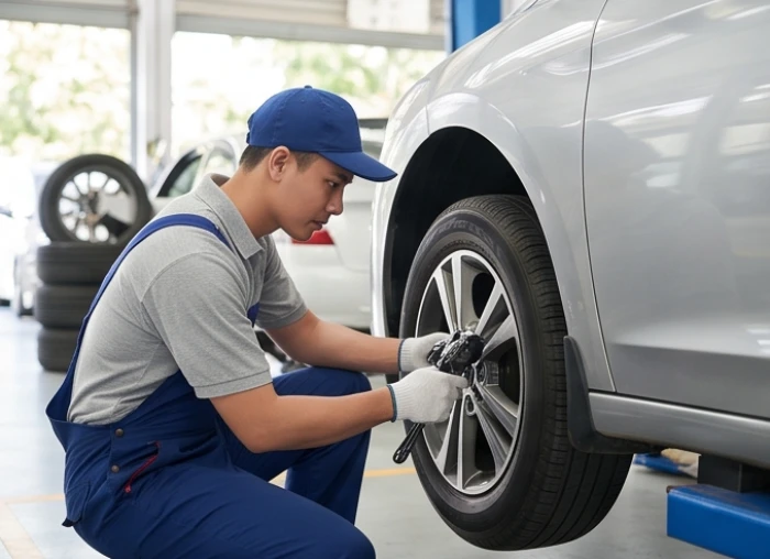 Người thợ kỹ thuật kiểm tra và bảo dưỡng lốp xe ô tô cẩn thận tại xưởng dịch vụ
